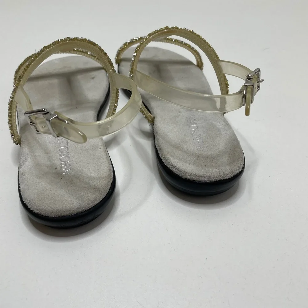 Aerosoles Womens 8.5 Rhinestone T-Strap Slingback Flat Sandals Gold Silver Glam